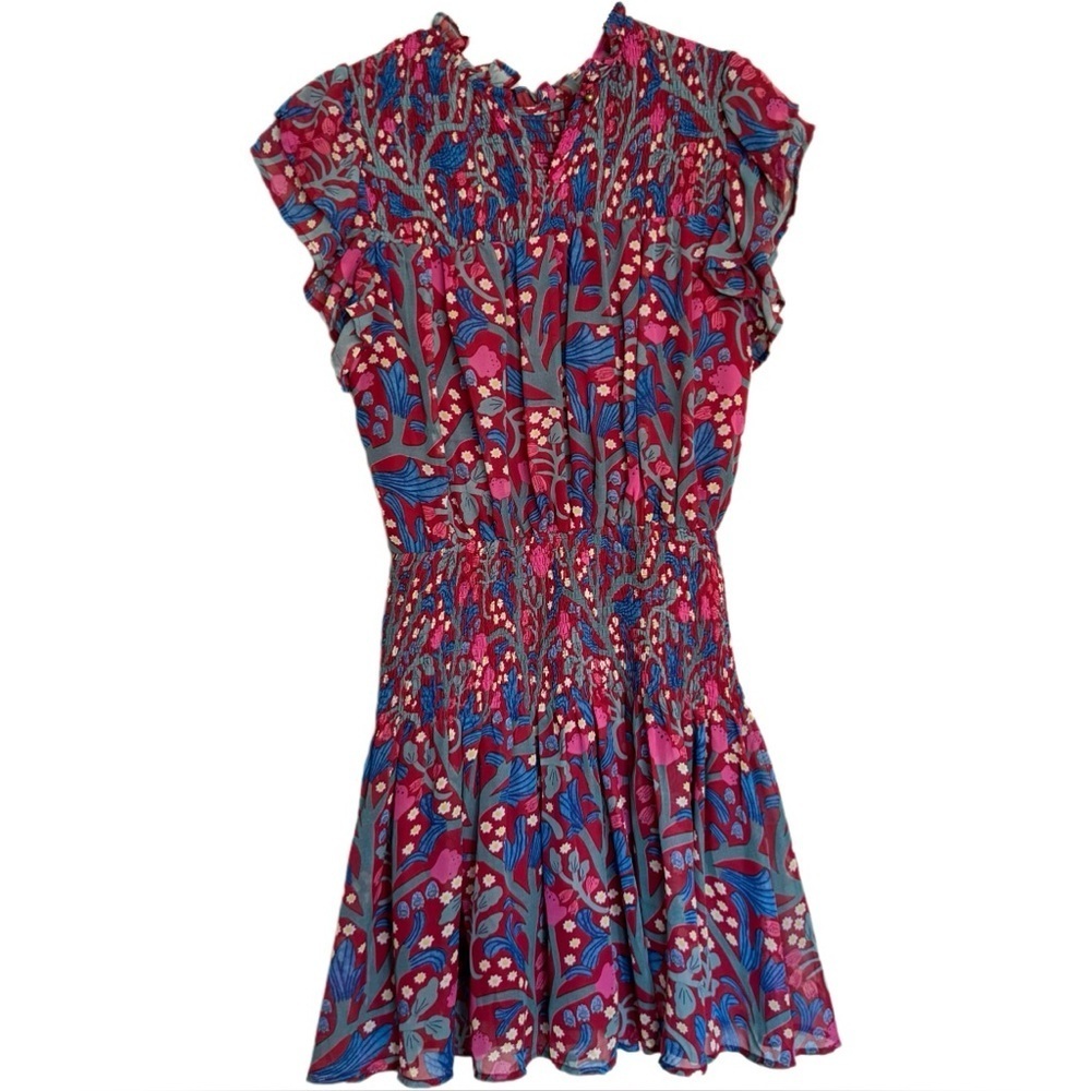 ENTRO Floral Print Multi Color Mini Dress Ruffle Sleeves Size S Cottage Summer